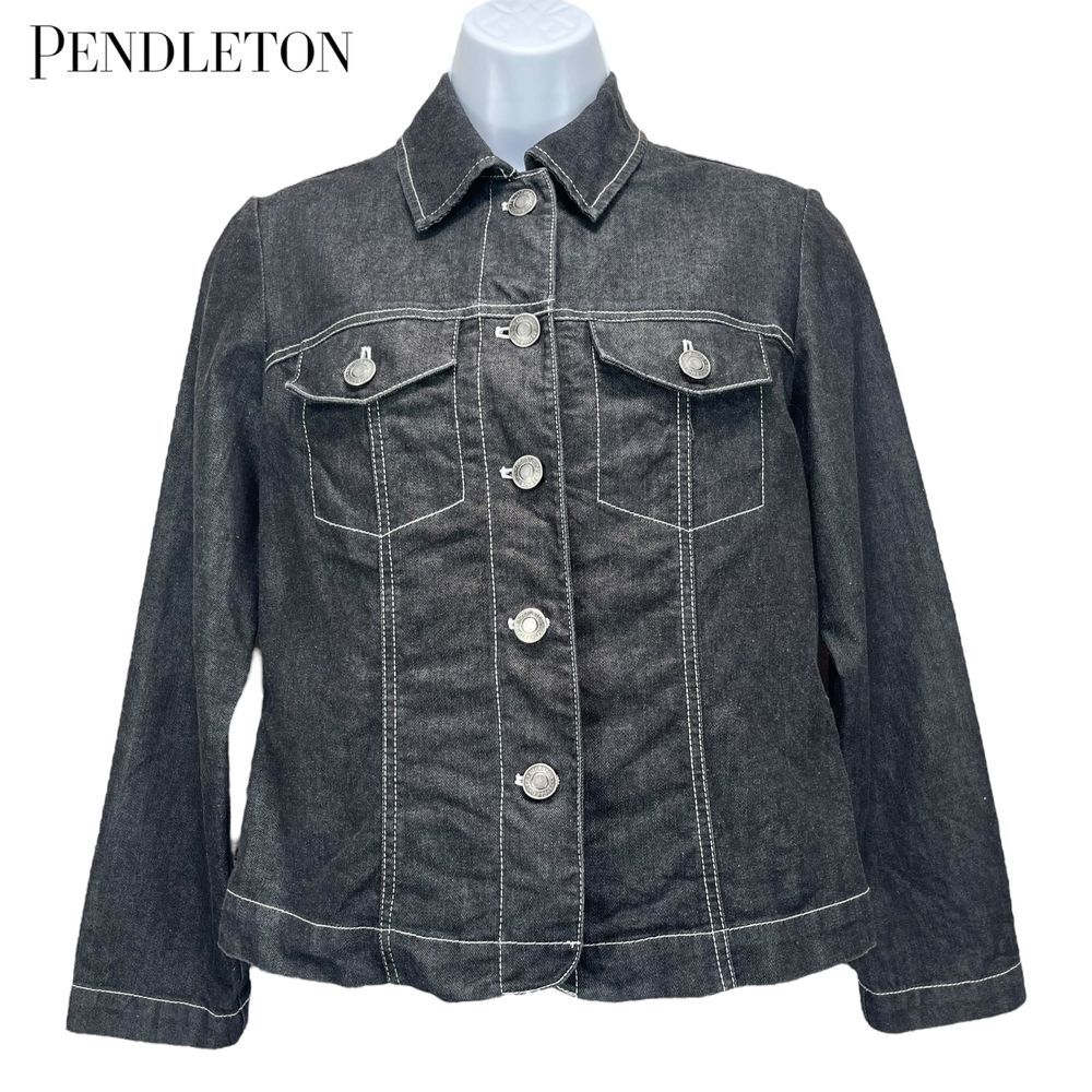 Pendleton Women's XS Petite Black Denim Jeans Jacket Contrast Stitching